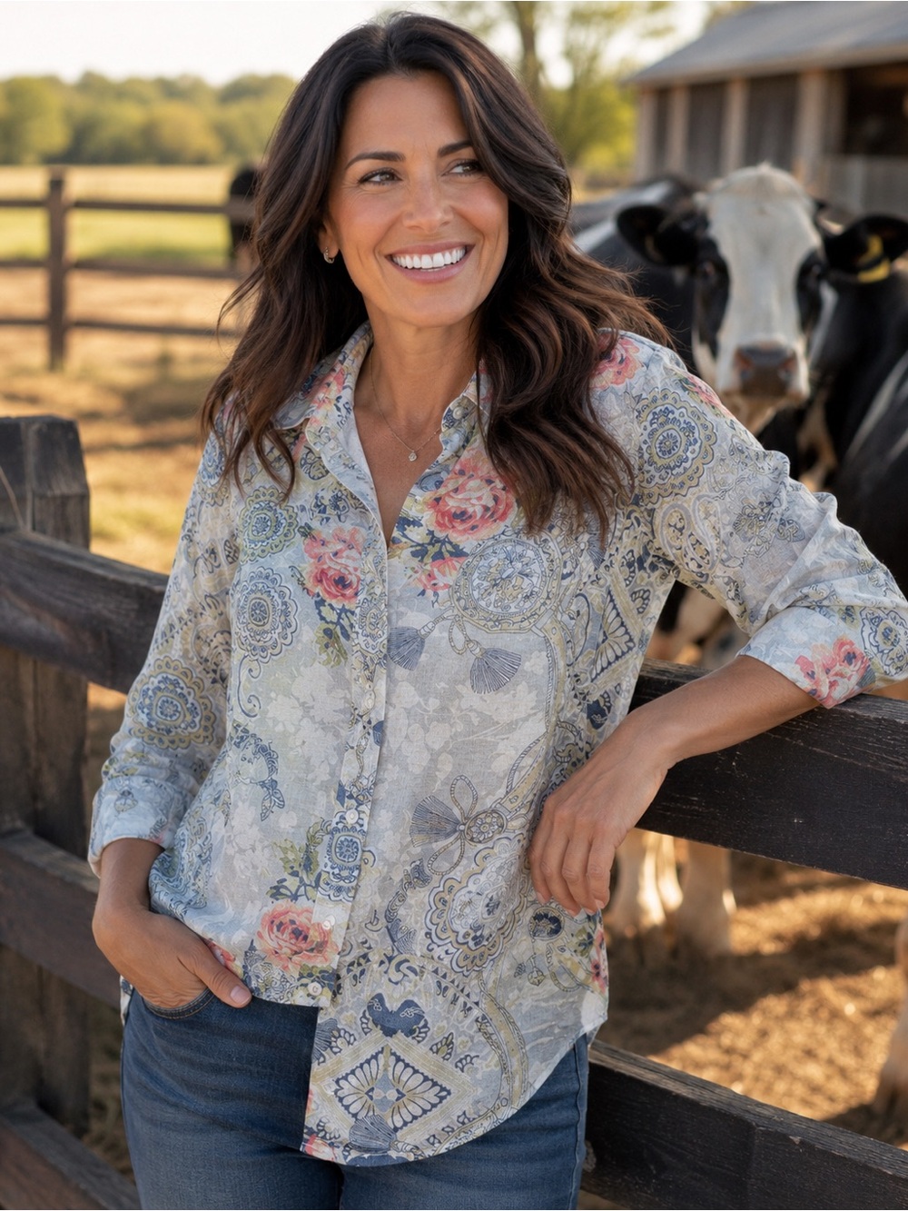 Chico's Floral Paisley Button-Down Shirt in Blue and Cream with Pink Accents